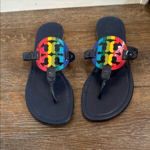 Tory Burch Miller Navy Sandal with Rainbow Logo Medallions